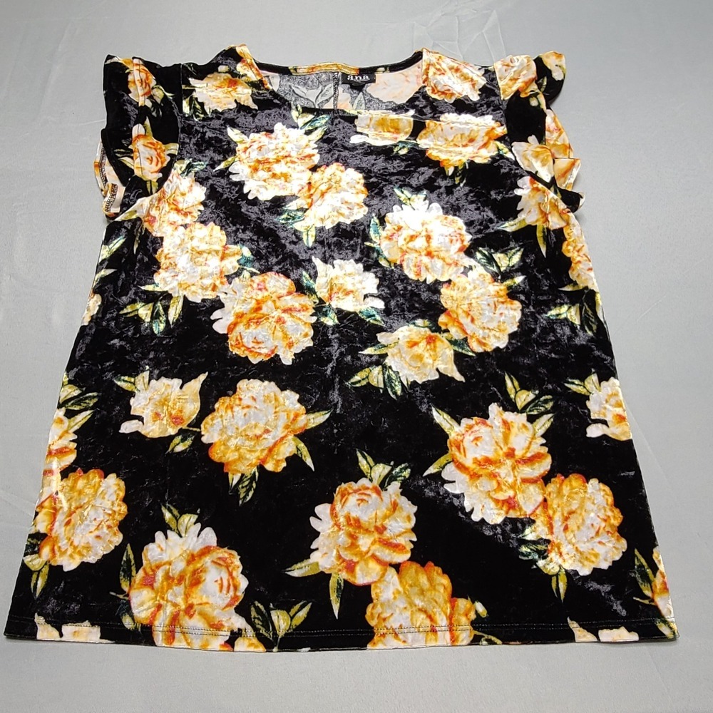A.N.A‎ Black Velvet Floral Blouse Medium Ruffle Cap Sleeve Retro Whimsigoth Boho
